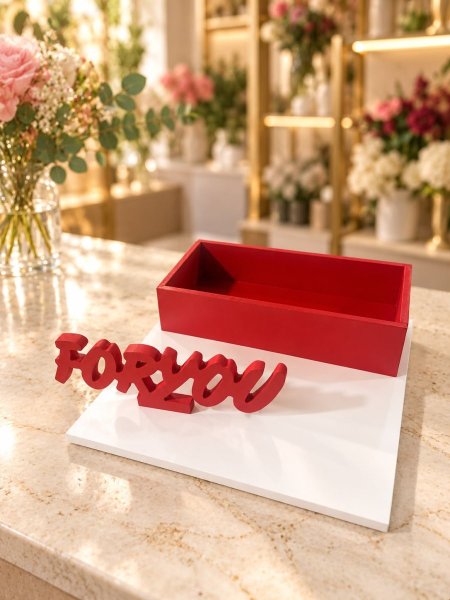 صندوق عرض للزهور بقاعدة بيضاء وعبارة Flower
